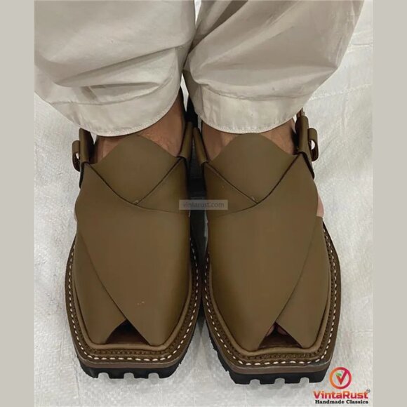 Olive Green Handmade Peshawari Chappal for Men: Leather Classic Ethnic Shoes main image 7
